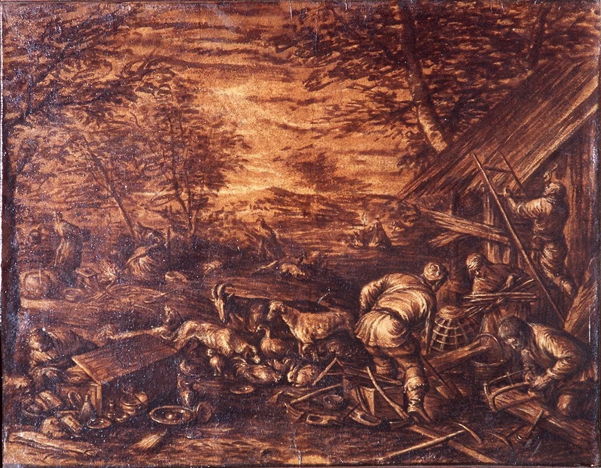 Francesco Bassano-130-figli di Noè costruiscono capanne  - Galleria degli Uffizi, Firenze
